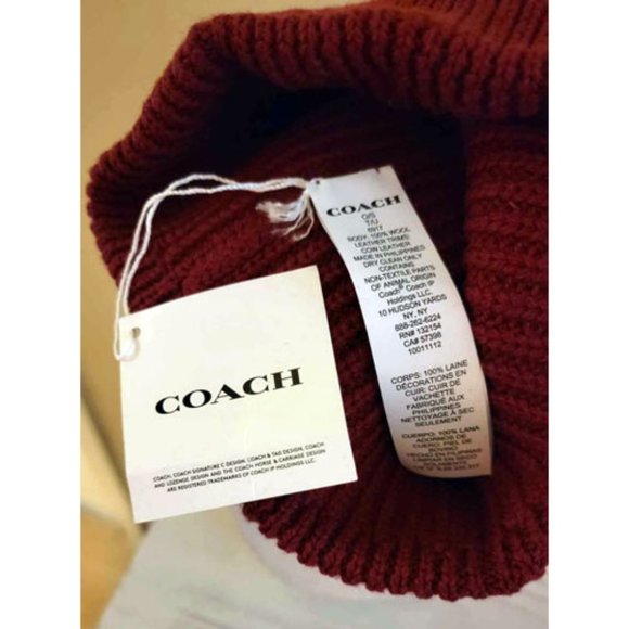 COACH Beanie Hat Wool Cherry Red NWT Leather C Tag - Picture 6 of 6